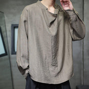 Buddha Stones Spring Solid Color Pleated Stand Collar Design Tang Suit Men's Long Sleeve Linen Shirt