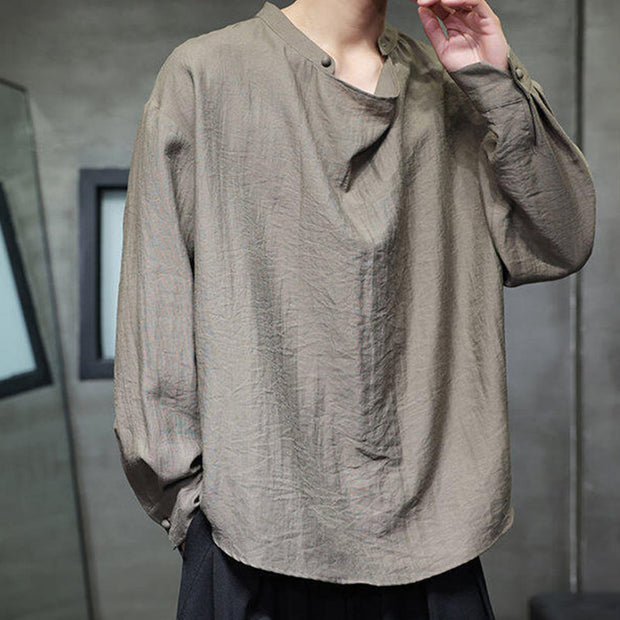 Buddha Stones Spring Solid Color Pleated Stand Collar Design Tang Suit Men's Long Sleeve Linen Shirt