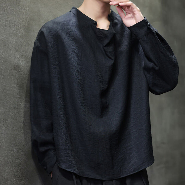 Buddha Stones Spring Solid Color Pleated Stand Collar Design Tang Suit Men's Long Sleeve Linen Shirt