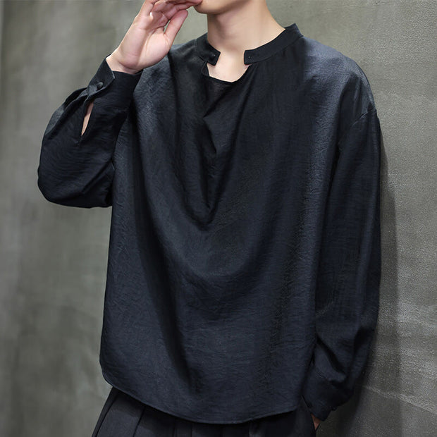 Buddha Stones Spring Solid Color Pleated Stand Collar Design Tang Suit Men's Long Sleeve Linen Shirt