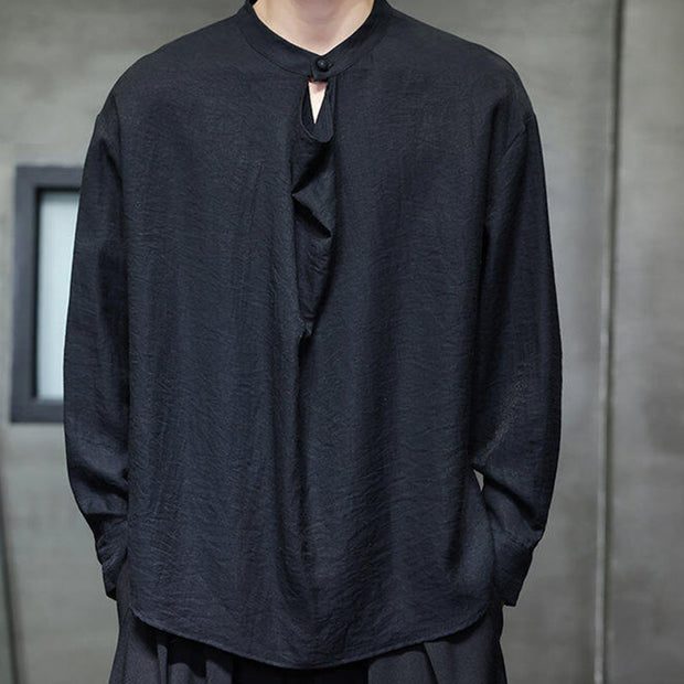 Buddha Stones Spring Solid Color Pleated Stand Collar Design Tang Suit Men's Long Sleeve Linen Shirt