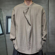 Buddha Stones Spring Solid Color Pleated Stand Collar Design Tang Suit Men's Long Sleeve Linen Shirt