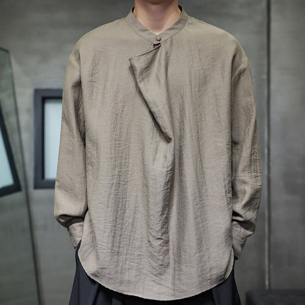 Buddha Stones Spring Solid Color Pleated Stand Collar Design Tang Suit Men's Long Sleeve Linen Shirt