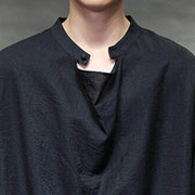 Buddha Stones Spring Solid Color Pleated Stand Collar Design Tang Suit Men's Long Sleeve Linen Shirt