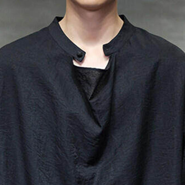 Buddha Stones Spring Solid Color Pleated Stand Collar Design Tang Suit Men's Long Sleeve Linen Shirt