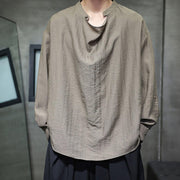 Buddha Stones Spring Solid Color Pleated Stand Collar Design Tang Suit Men's Long Sleeve Linen Shirt