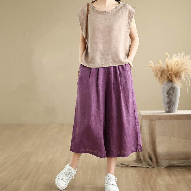 Buddha Stones Summer Solid Color Patchwork Simple Design Women's Cotton Wide Leg Cropped Pants With Pockets