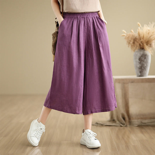 Buddha Stones Summer Solid Color Patchwork Simple Design Women's Cotton Wide Leg Cropped Pants With Pockets