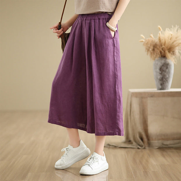Buddha Stones Summer Solid Color Patchwork Simple Design Women's Cotton Wide Leg Cropped Pants With Pockets