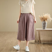 Buddha Stones Summer Solid Color Patchwork Simple Design Women's Cotton Wide Leg Cropped Pants With Pockets