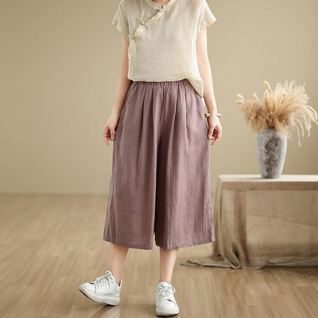Buddha Stones Summer Solid Color Patchwork Simple Design Women's Cotton Wide Leg Cropped Pants With Pockets
