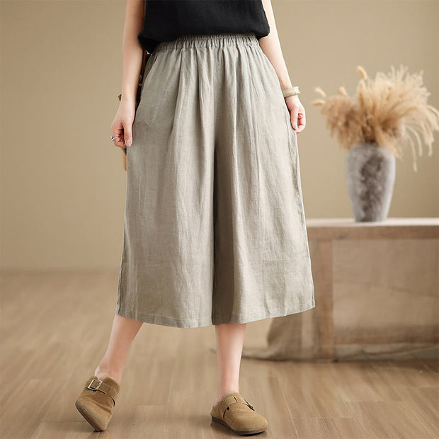 Buddha Stones Summer Solid Color Patchwork Simple Design Women's Cotton Wide Leg Cropped Pants With Pockets