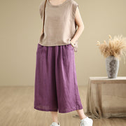 Buddha Stones Summer Solid Color Patchwork Simple Design Women's Cotton Wide Leg Cropped Pants With Pockets