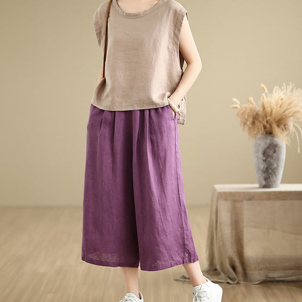 Buddha Stones Summer Solid Color Patchwork Simple Design Women's Cotton Wide Leg Cropped Pants With Pockets