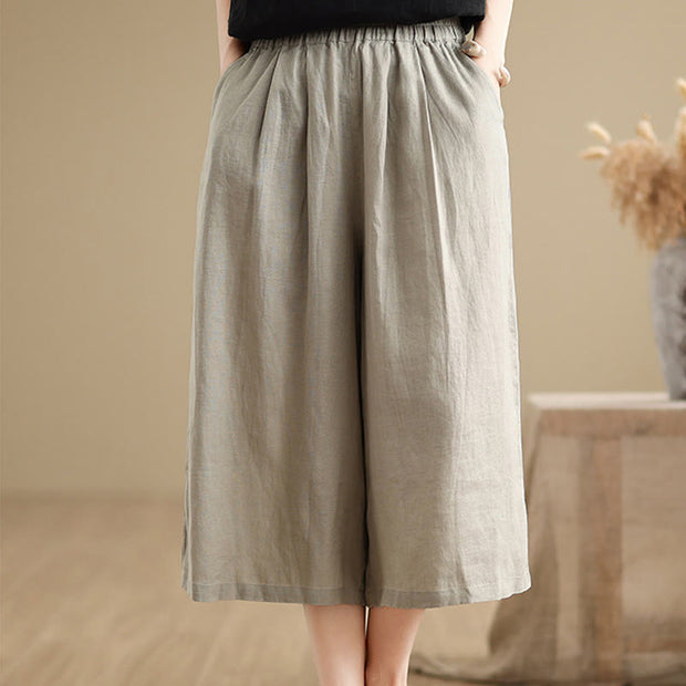 Buddha Stones Summer Solid Color Patchwork Simple Design Women's Cotton Wide Leg Cropped Pants With Pockets
