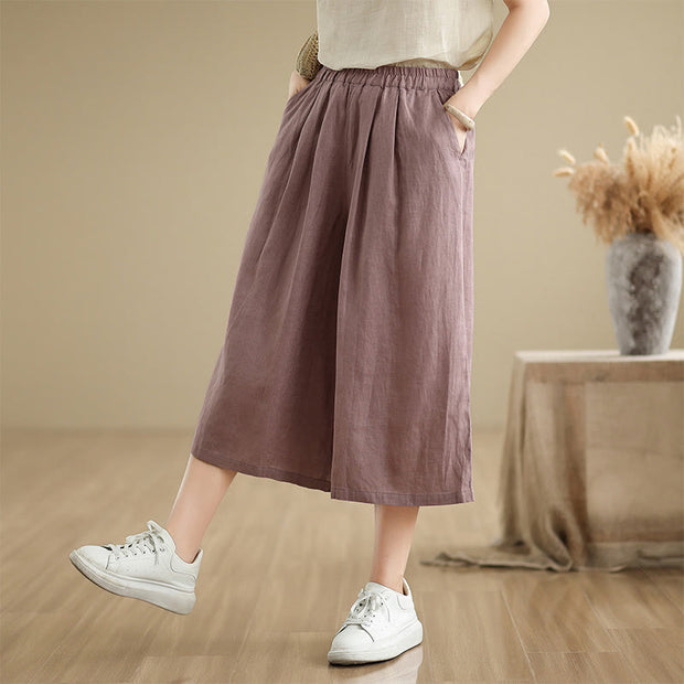Buddha Stones Summer Solid Color Patchwork Simple Design Women's Cotton Wide Leg Cropped Pants With Pockets