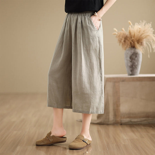 Buddha Stones Summer Solid Color Patchwork Simple Design Women's Cotton Wide Leg Cropped Pants With Pockets