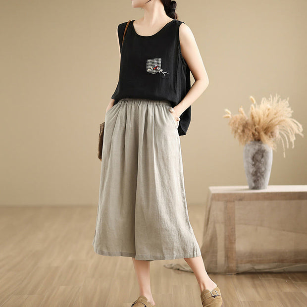 Buddha Stones Summer Solid Color Patchwork Simple Design Women's Cotton Wide Leg Cropped Pants With Pockets