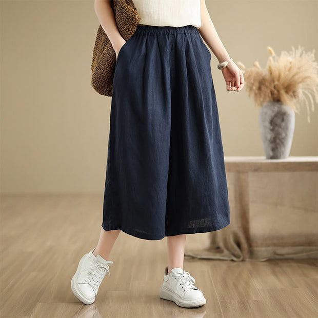 Buddha Stones Summer Solid Color Patchwork Simple Design Women's Cotton Wide Leg Cropped Pants With Pockets