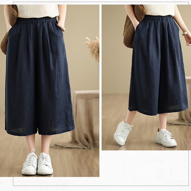 Buddha Stones Summer Solid Color Patchwork Simple Design Women's Cotton Wide Leg Cropped Pants With Pockets