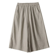 Buddha Stones Summer Solid Color Patchwork Simple Design Women's Cotton Wide Leg Cropped Pants With Pockets