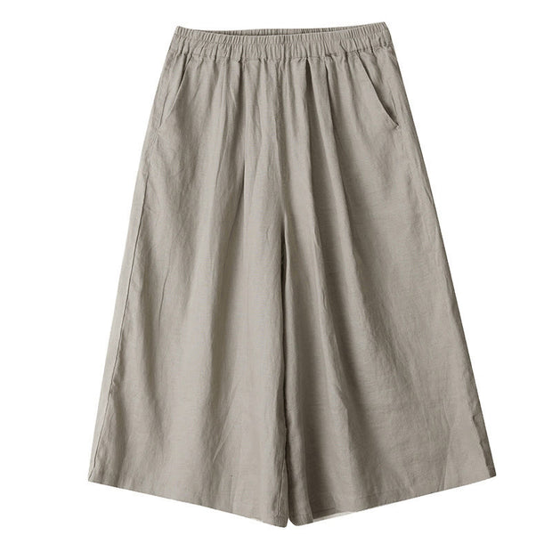 Buddha Stones Summer Solid Color Patchwork Simple Design Women's Cotton Wide Leg Cropped Pants With Pockets