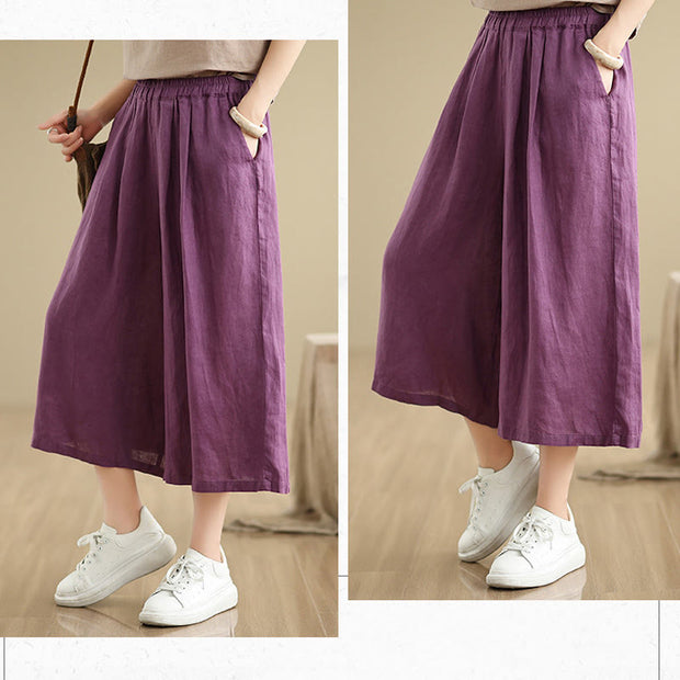 Buddha Stones Summer Solid Color Patchwork Simple Design Women's Cotton Wide Leg Cropped Pants With Pockets