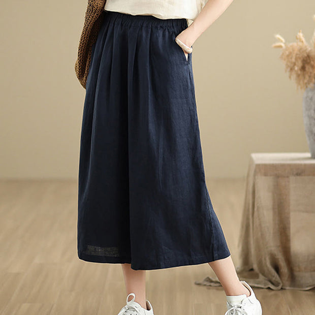 Buddha Stones Summer Solid Color Patchwork Simple Design Women's Cotton Wide Leg Cropped Pants With Pockets