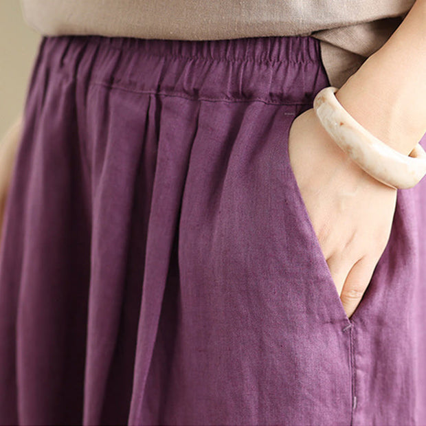 Buddha Stones Summer Solid Color Patchwork Simple Design Women's Cotton Wide Leg Cropped Pants With Pockets