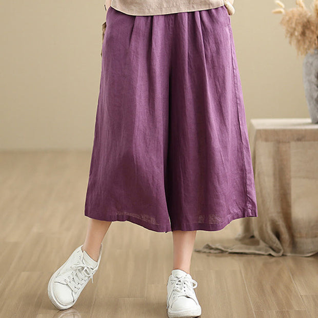 Buddha Stones Summer Solid Color Patchwork Simple Design Women's Cotton Wide Leg Cropped Pants With Pockets