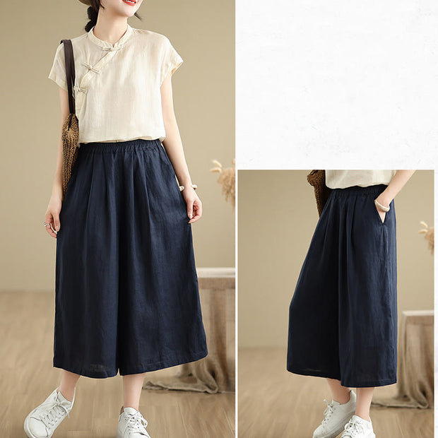 Buddha Stones Summer Solid Color Patchwork Simple Design Women's Cotton Wide Leg Cropped Pants With Pockets