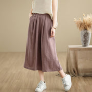 Buddha Stones Summer Solid Color Patchwork Simple Design Women's Cotton Wide Leg Cropped Pants With Pockets
