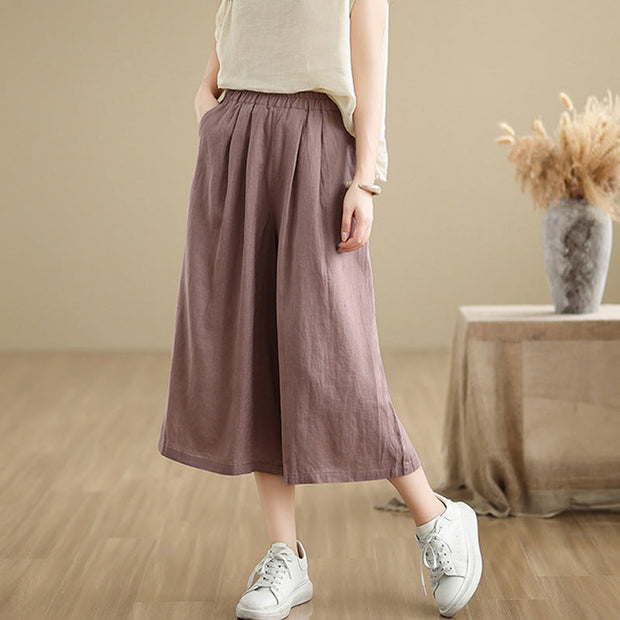 Buddha Stones Summer Solid Color Patchwork Simple Design Women's Cotton Wide Leg Cropped Pants With Pockets