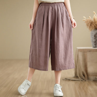Buddha Stones Summer Solid Color Patchwork Simple Design Women's Cotton Wide Leg Cropped Pants With Pockets