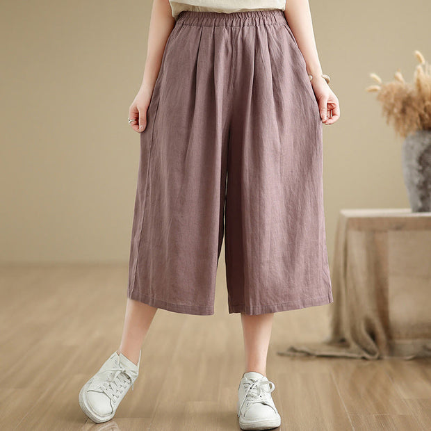 Buddha Stones Summer Solid Color Patchwork Simple Design Women's Cotton Wide Leg Cropped Pants With Pockets