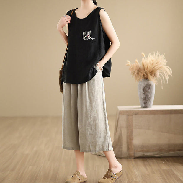 Buddha Stones Summer Solid Color Patchwork Simple Design Women's Cotton Wide Leg Cropped Pants With Pockets