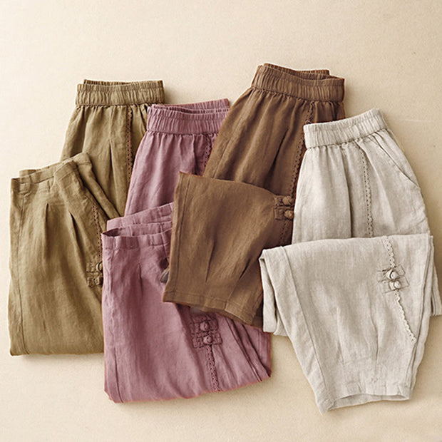 Buddha Stones Summer Frog-Button Lace High Waist Women's Cotton Linen Pants With Pockets