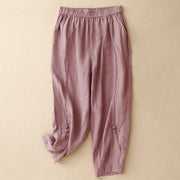 Buddha Stones Summer Frog-Button Lace High Waist Women's Cotton Linen Pants With Pockets