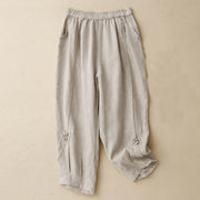 Buddha Stones Summer Frog-Button Lace High Waist Women's Cotton Linen Pants With Pockets
