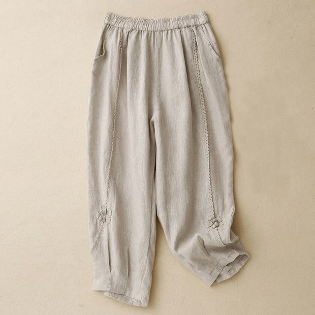 Buddha Stones Summer Frog-Button Lace High Waist Women's Cotton Linen Pants With Pockets