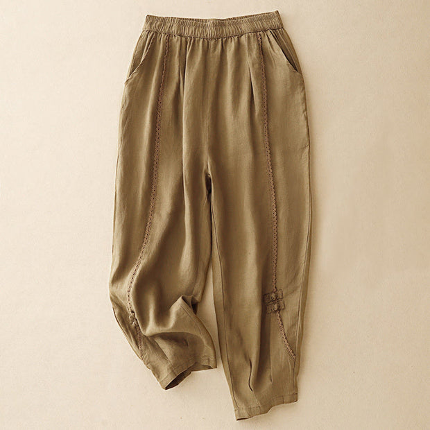 Buddha Stones Summer Frog-Button Lace High Waist Women's Cotton Linen Pants With Pockets