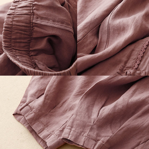 Buddha Stones Summer Frog-Button Lace High Waist Women's Cotton Linen Pants With Pockets
