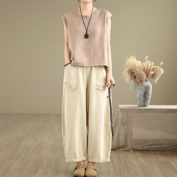 Buddha Stones Casual Daily Plain Simple Design Women's Cotton Linen Harem Pants With Pockets