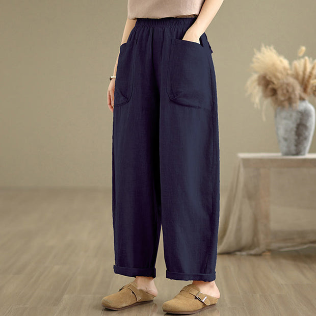 Buddha Stones Casual Daily Plain Simple Design Women's Cotton Linen Harem Pants With Pockets
