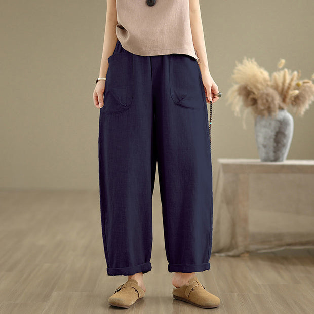 Buddha Stones Casual Daily Plain Simple Design Women's Cotton Linen Harem Pants With Pockets