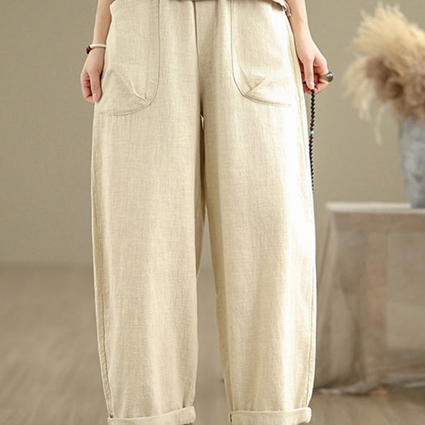 Buddha Stones Casual Daily Plain Simple Design Women's Cotton Linen Harem Pants With Pockets