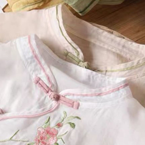 Buddha Stones Casual Vintage Embroidery Flower Pattern Chinese Frog-Button Crew Neck Design Women's Cotton Linen Shirt