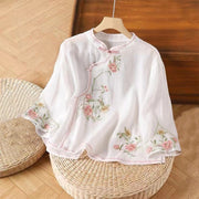 Buddha Stones Casual Vintage Embroidery Flower Pattern Chinese Frog-Button Crew Neck Design Women's Cotton Linen Shirt