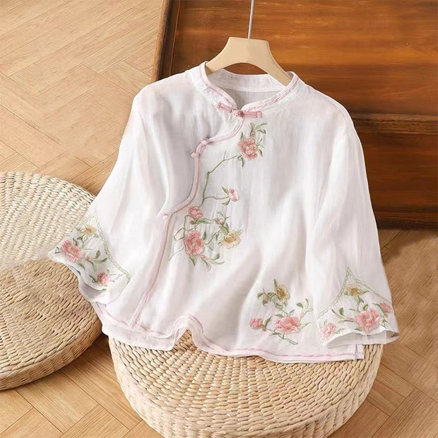 Buddha Stones Casual Vintage Embroidery Flower Pattern Chinese Frog-Button Crew Neck Design Women's Cotton Linen Shirt
