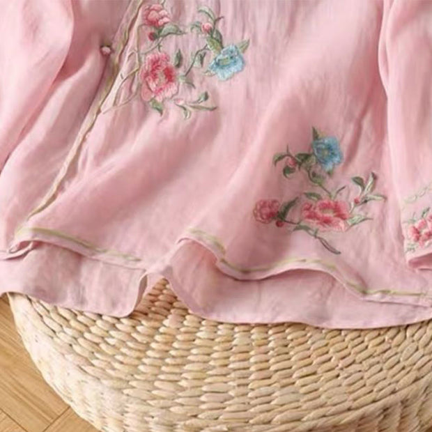 Buddha Stones Casual Vintage Embroidery Flower Pattern Chinese Frog-Button Crew Neck Design Women's Cotton Linen Shirt